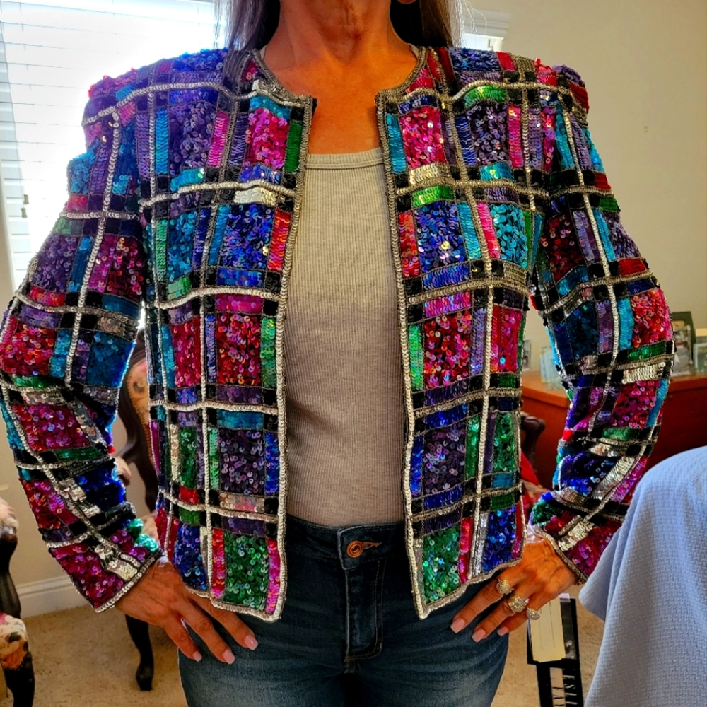 Vintage Leslie Fay Evenings Sequin Beaded Jacket size Petite Large
